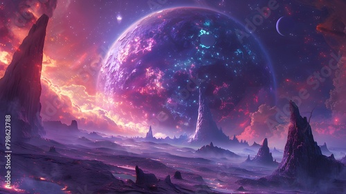 Otherworldly Alien Landscape with Glowing Planetary Body and Towering Mountains