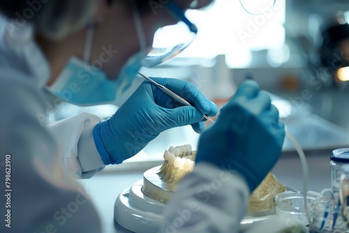 dental technician inspecting a dental prosthesis