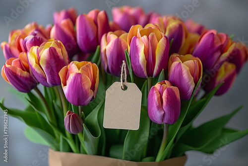 Colorful Tulips With White Tag. A bouquet of colorful tulips with an empty tag hanging on the stem. This is for conveying joy or celebration during special events like Mother's Day or Women’s Day.