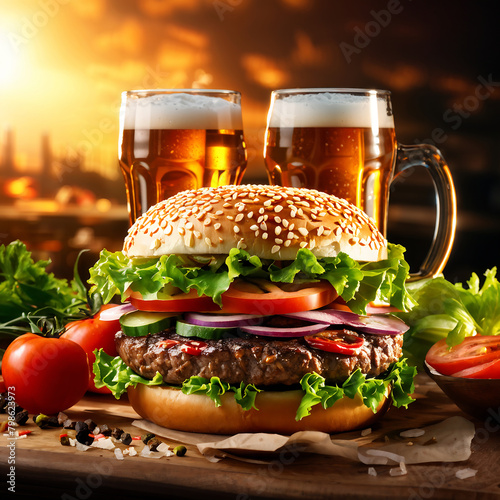 a juicy burger lies on the table and a mug of cold beer is in the background