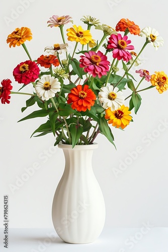  A white ceramic vase with zinnias, colorful flowers in various colors, placed on the table against a white background