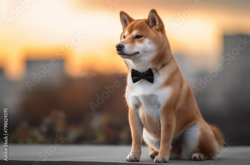 A Shiba Inu dog wearing tuxedo is sitting on the edge of an urban rooftop  captured in full body with a blurred background.