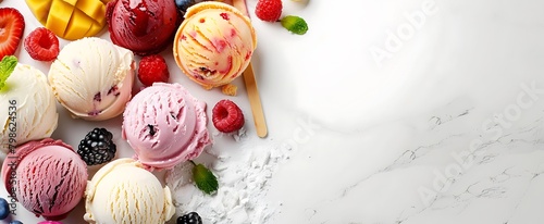 A white background with an array of colorful ice cream and fruit swirls, a wooden spoon on the right side, and scattered berries in various colors.  photo