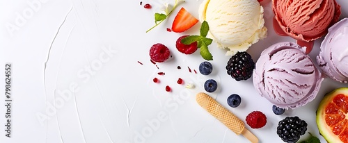 A white background with an array of colorful ice cream and fruit swirls, a wooden spoon on the right side, and scattered berries in various colors.  photo