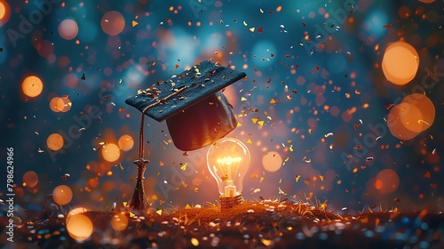Illustrate a stunning CG 3D rendering of a graduation cap tossing in the air, surrounded by confetti, a golden key, and a glowing lightbulb The icons symbolize achievement and knowledge, set in a dyna
