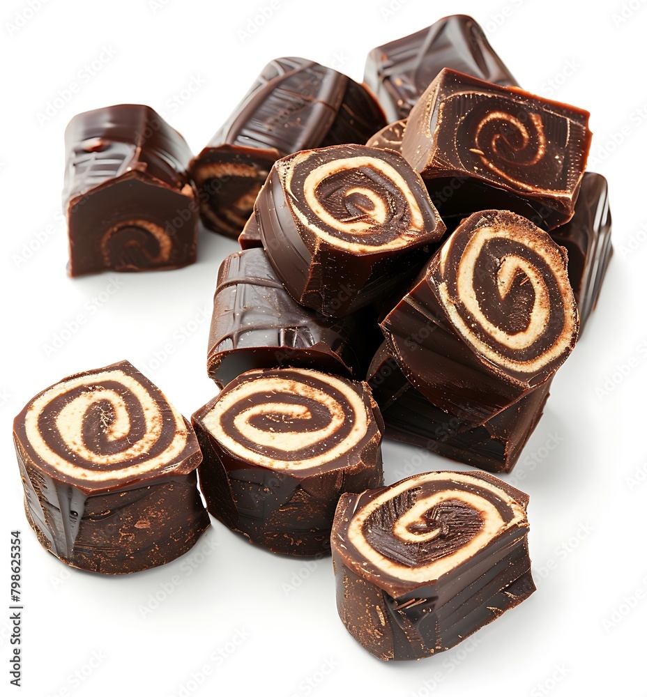 A pile of chocolate rolls, some cut into pieces and placed on the white background A pile of chocolate rolls, some cut into pieces and placed on the white background