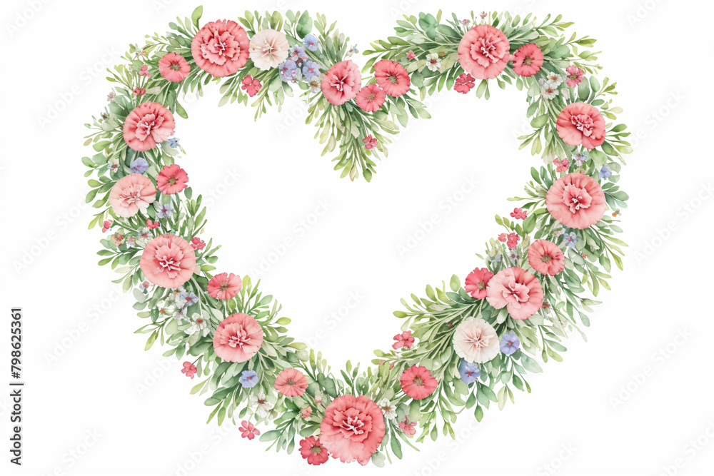 Carnation watercolor heart wreath frames. Watercolor Carnation Flower wreath laurel. Decoration for wedding invitations, Valentine's Day, Mother's day card.