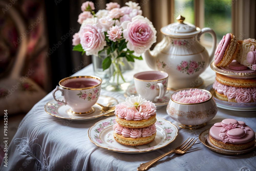 Elegant Afternoon Tea with Pink Floral Porcelain and French Pastries