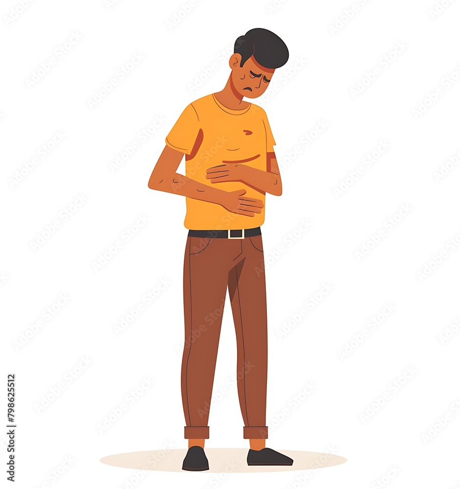 Man suffering from stomach pain, flat vector illustration isolated on white background Man suffering from stomach pain, flat vector illustration isolated on white background