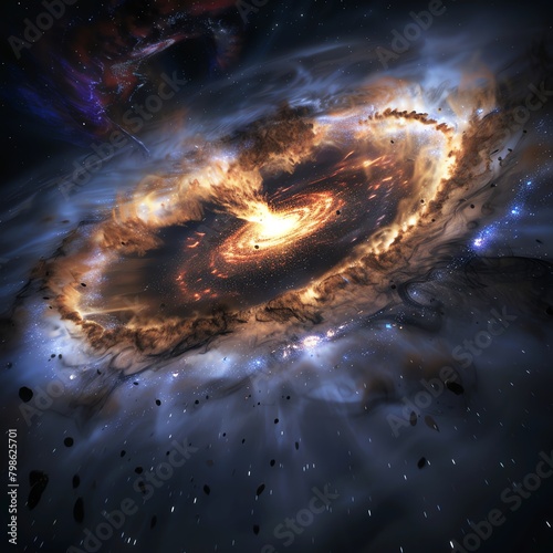 Composite image of a galaxy with a central mysterious black hole pulling in a stream of gas and stars, demonstrating the powerful forces at play.