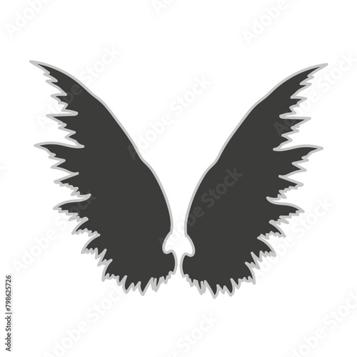 Black angel wings in artful illustration on white background