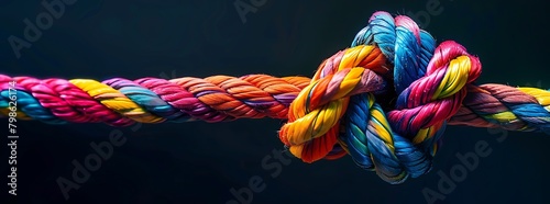 A colorful rope with two ends connected in an intricate knot, symbolizing the strength and unity of diverse individuals coming together to support each other in times of need photo