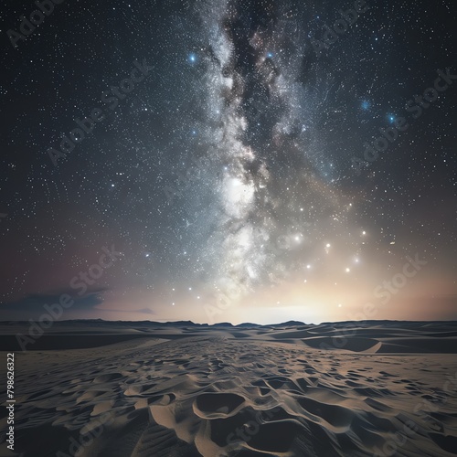 Night sky as seen from a remote desert, the Milky Way stretching across the vast universe, unobscured by light pollution, perfect for stargazing themes. photo