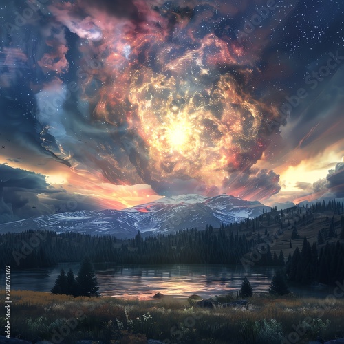 Night sky scene of an exploding supernova visible from Earth  casting a surreal glow over a serene mountain landscape.