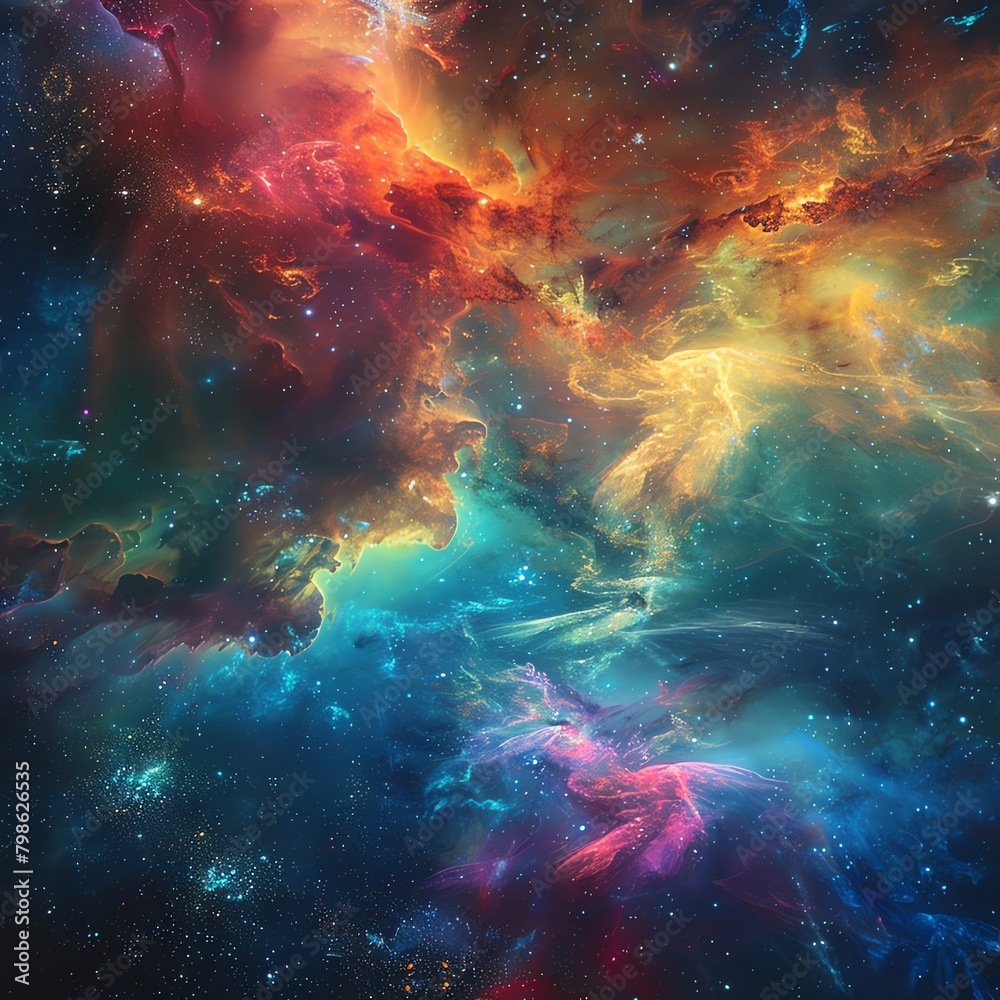 Panoramic view of a colorful nebula seen from the outer edge of a solar system, showcasing its vast scale and the variety of colors emitted by its gases.