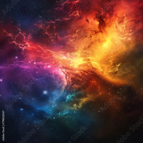 Panoramic view of a colorful nebula seen from the outer edge of a solar system, showcasing its vast scale and the variety of colors emitted by its gases.