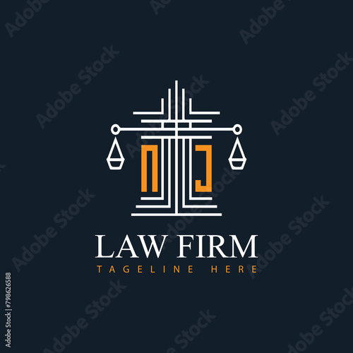 NJ modern law firm justice logo design vector graphic template.