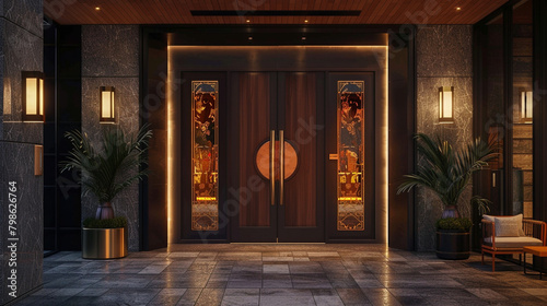 Standing tall at the entrance of a modern hotel, a sleek door with the unmistakable emblem of a renowned brand emphasizes the establishment's commitment to excellence and exceptional servic photo