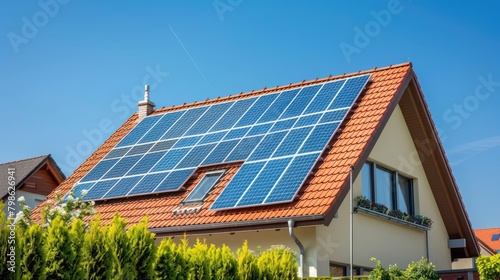 A side view of a house showcasing solar panels against a clear blue sky. 