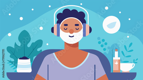With soothing background music playing a man applies a facial mask taking a few moments to indulge in some selfcare before the start of his day..