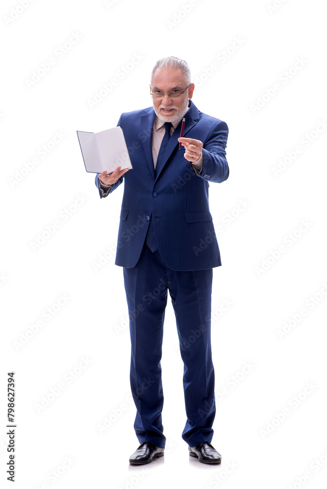 Old businessman holding book isolated on white Old businessman holding book isolated on white