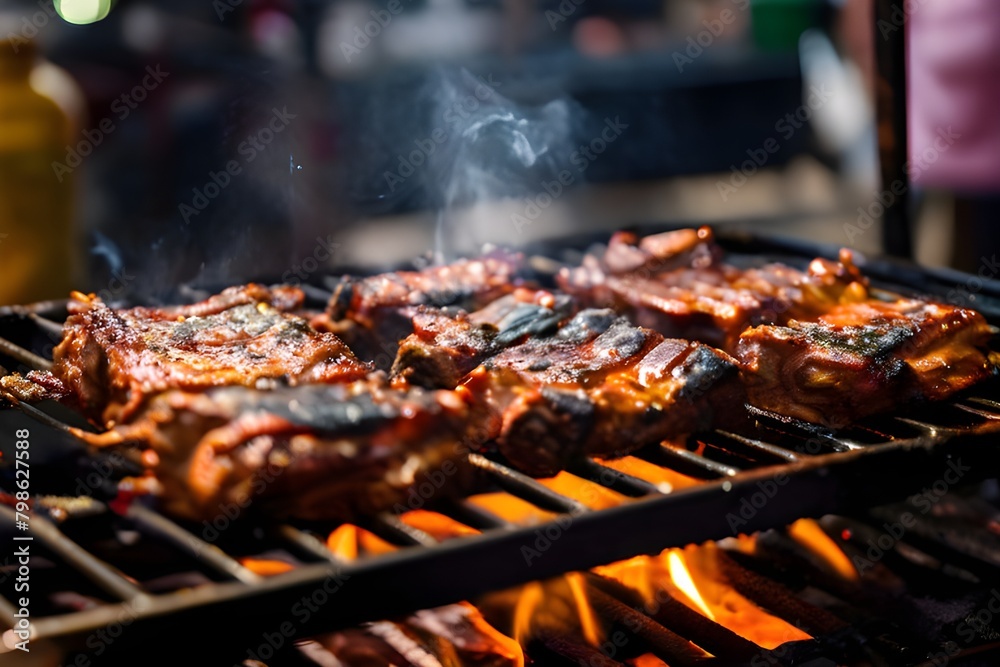 A delicious BBQ scene with sizzling meat on a grill, perfect for summer cookouts.