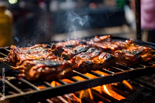 A delicious BBQ scene with sizzling meat on a grill, perfect for summer cookouts.