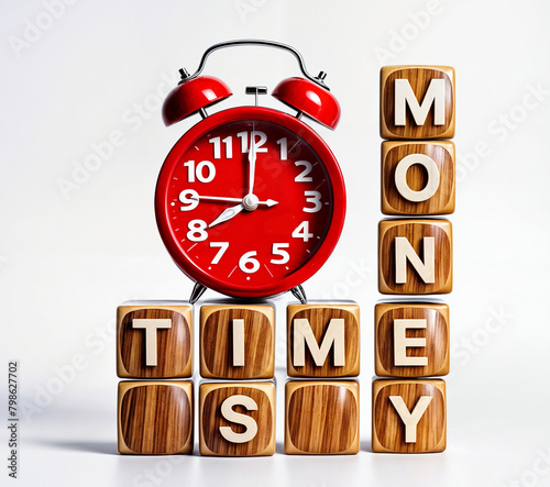 Wooden cubes crossword text word TIME IS MONEY with alarm clock