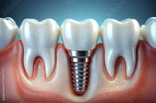 3d medical illustration render of a dental implant dentistry procedure is shown in between two healthy teeth