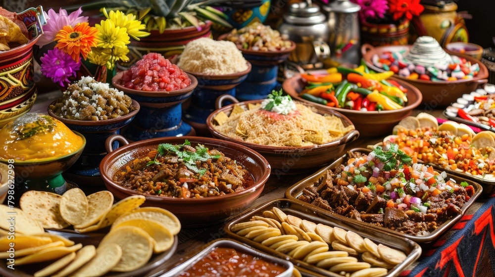 Indulge in a vibrant Fiesta celebration with a colorful buffet spread featuring delectable dulce de leche and a tempting selection of authentic Mexican dishes Indulge in a vibrant Fiesta celebration with a colorful buffet spread featuring delectable dulce de leche and a tempting selection of authentic Mexican dishes