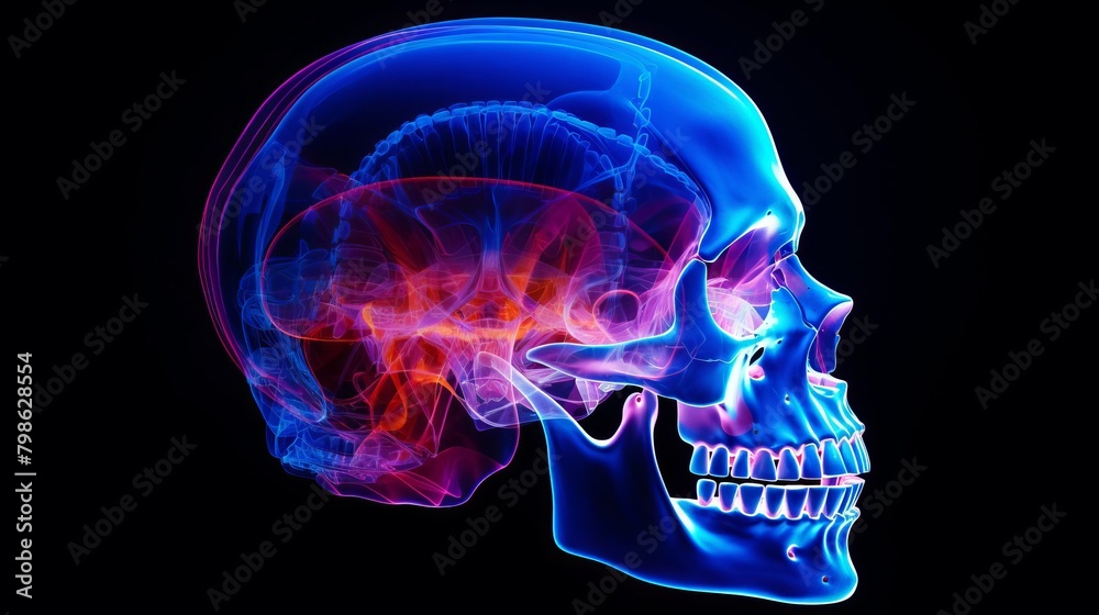 An artistic human skull made of blue and purple light. An artistic human skull made of blue and purple light.