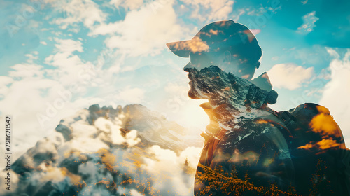 Double Exposure of Tourists and Mountain Ranges