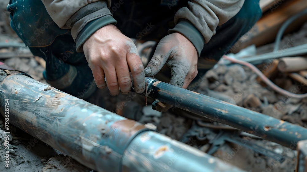 Skilled Hands Assembling Drainage Pipe Sections for Construction Project Skilled Hands Assembling Drainage Pipe Sections for Construction Project