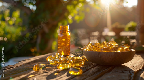 Vitamin D supplements are arranged in a sunny  outdoor setting.