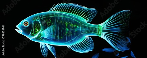 An x-ray tetra fish with a glowing blue outline on a black background photo