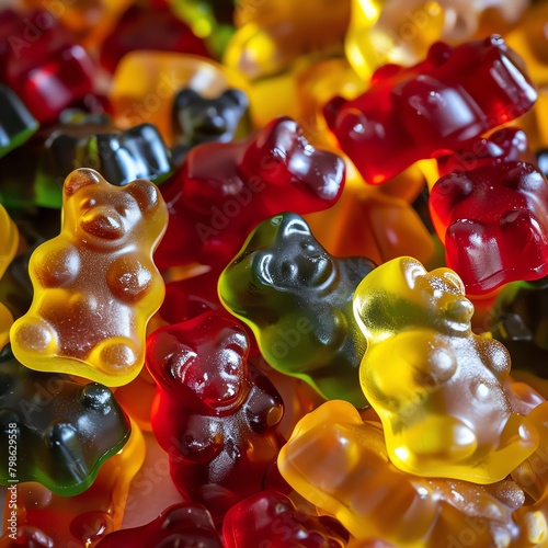 Close-up of a handful of colorful chewy gummy bears, with a focus on their glossy texture and translucent colors, perfect for product packaging. © Samaphon