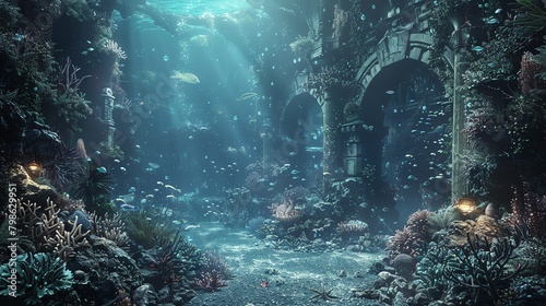 Illustrate a detailed underwater landscape teeming with marine life