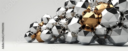 A bunch of silver and one golden polyhedron gem on a white background.