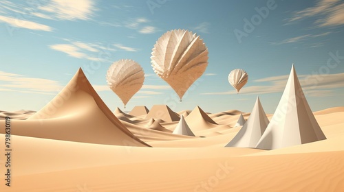 A desert with white origami pyramids and hot air balloons photo