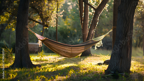 A hammock tied between the trees in a comfortable forest atmosphere. photo