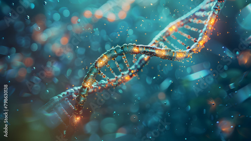 Glowing DNA macro on a dark blue background. photo