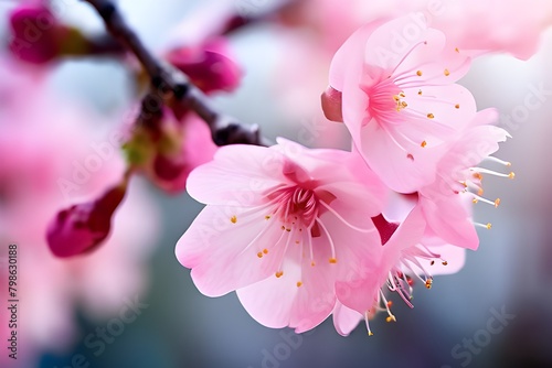 A close-up of a pink cherry blossom  showcasing its delicate petals and vibrant color.