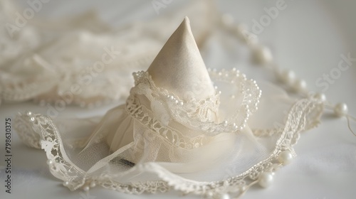 Elegant Vintage-Inspired Party Hat with Delicate Lace and Pearl Accents on White Background