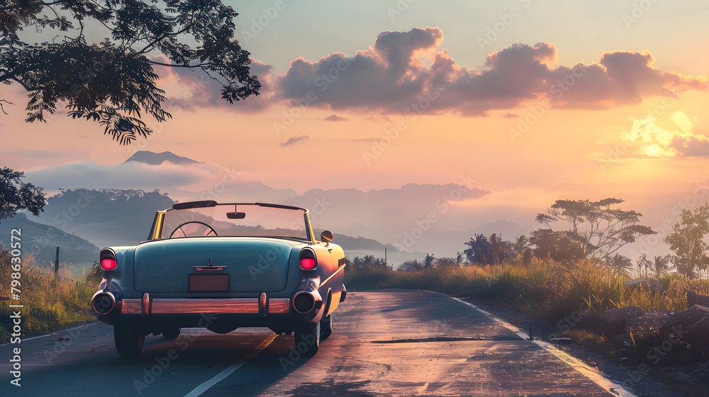 Highway scene with vintage cars under sunset sky