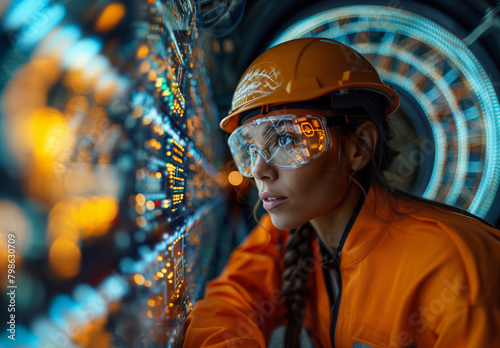 A beautiful girl engineer monitors instrument readings at an engineering facility. Displays with engineering value indicators. Strategic serious object. Feminine power