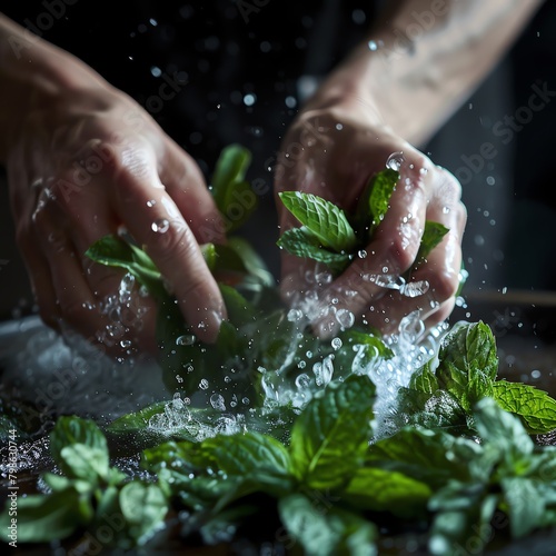 Hands crushing fresh peppermint leaves over a homemade mojito, capturing the essence being released and the vibrant, fresh aroma.