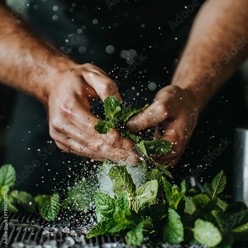Hands crushing fresh peppermint leaves over a homemade mojito, capturing the essence being released and the vibrant, fresh aroma.
