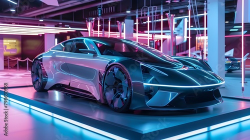 Sleek and Futuristic Electric Vehicle Showcased on High-Tech Display Platform with Neon Lights © pkproject