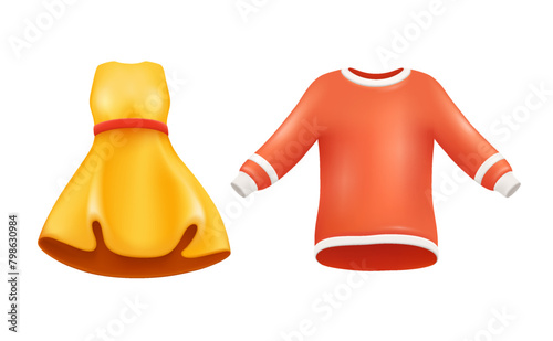 Set of women's and men's clothing, long sleeve jacket, dress. 3D colored classic clothes on white background.
