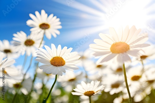 Daisies blooming in a sunlit field.